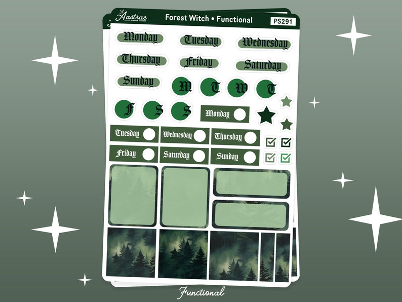 May include: A set of forest witch themed planner stickers with a dark green and black color scheme. The stickers include days of the week, checkboxes, and a forest scene.