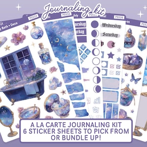 May include: A set of six sticker sheets with a celestial theme. The sheets feature illustrations of stars, moons, clouds, and bottles. The text on the sheets reads "Witchy Bath Deco", "Journaling Kit", "Wednesday", "Saturday", "T", "d-on 2", and "A la Carte Journaling Kit 6 Sticker Sheets to Pick From or Bundle Up!"