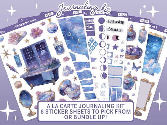 Witchy Bath Journaling Sticker Kit, Self Care Planner Stickers, Moonlit Ritual Bath Deco Bujo Bullet Journal Stickers, Aesthetic Stationery