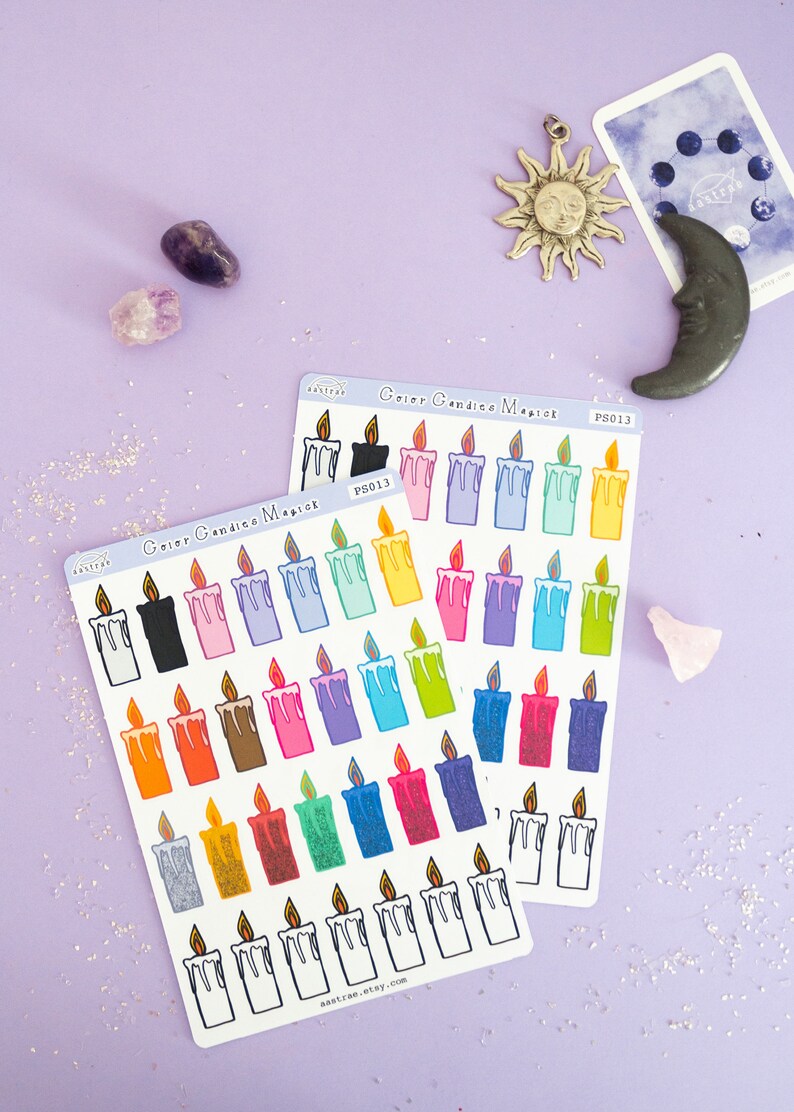 May include: Two sheets of colorful candle stickers with the text "Color Candles Magic" and "PS013". The stickers feature a variety of colors, including red, orange, yellow, green, blue, purple, pink, and white.
