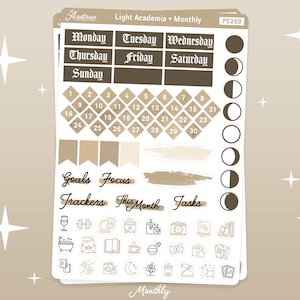 May include: A sheet of planner stickers with a light academia theme. The stickers include days of the week, numbers, moon phases, and icons for goals, focus, trackers, tasks, and more. The color scheme is brown and beige.