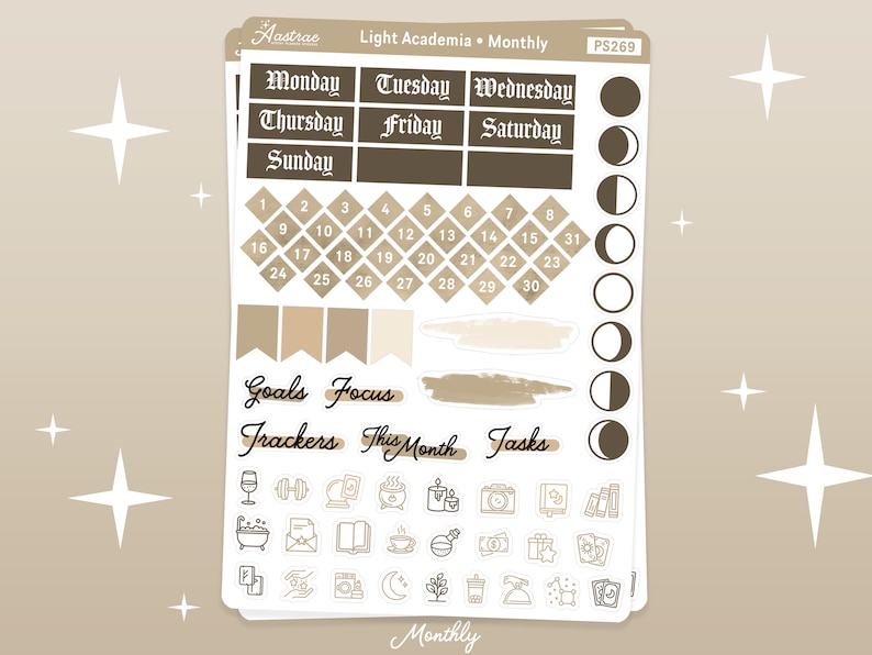 May include: A sheet of planner stickers with a light academia theme. The stickers include days of the week, numbers, moon phases, and icons for goals, focus, trackers, tasks, and more. The color scheme is brown and beige.