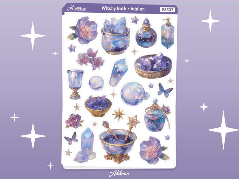 May include: A sheet of stickers featuring a witchy bath theme. The stickers include various images such as bottles, crystals, flowers, and stars. The stickers are in shades of purple, blue, and gold. The text "Witchy Bath Add-on" and "PS537" are printed on the sheet.