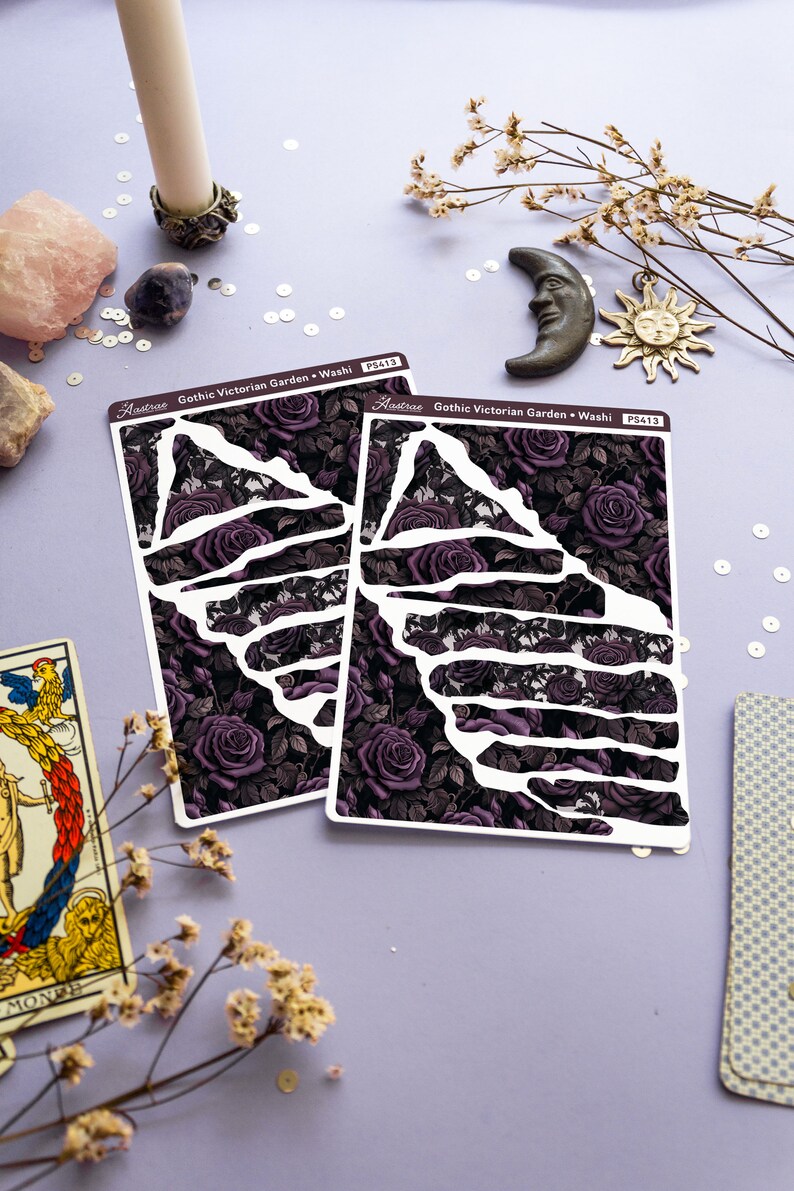 May include: Two sheets of decorative washi tape with a gothic Victorian garden design. The tape features a dark background with purple roses and black leaves. The tape is labeled "Gothic Victorian Garden - Washi PS413".
