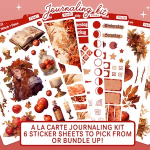 Op de afbeelding: Een set van zes sticker vellen met een herfstthema. De stickers bevatten illustraties van een heks, een boek, een ketel, kaarsen, bladeren en manen. De tekst op de vellen luidt "Mabon Witch Deco", "Journaling Kit", "thly", "tional", "Wednesday", "Saturday", "Id-on 2" en "A La Carte Journaling Kit 6 Sticker Sheets to Pick From or Bundle Up!"