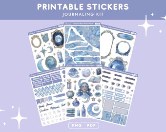 Kit imprimible de agenda de bruja lunar, pegatinas celestiales para bullet journal, pegatinas estéticas de fantasía lunar, kit de diario de bruja de luna azul PNG PDF