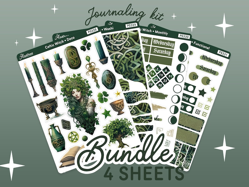 Pode incluir: Um conjunto de quatro folhas de adesivos verdes e brancas com designs de n&oacute;s celtas, ilustra&ccedil;&otilde;es de bruxas e elementos de planejamento funcionais. As folhas s&atilde;o etiquetadas como "Celtic Witch Deco", "Washi", "Witch Monthly" e "Functional".