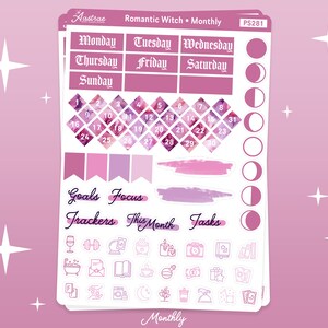 May include: A set of pink and purple watercolor-style planner stickers with a monthly calendar, days of the week, moon phases, and a section for goals, trackers, and tasks. The text "Romantic Witch. Monthly" is at the top of the sticker sheet.