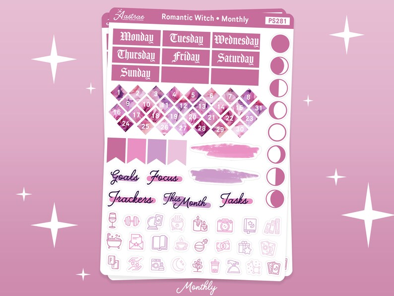 May include: A set of pink and purple watercolor-style planner stickers with a monthly calendar, days of the week, moon phases, and a section for goals, trackers, and tasks. The text "Romantic Witch. Monthly" is at the top of the sticker sheet.