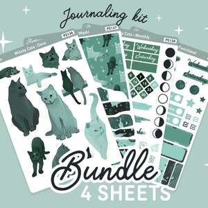 Witchy Cat Stickers Set, Journaling Stickers Pack, Journal Sticker Sheet, Monthly Journal Stickers, Planner Sticker Kit, Bujo Stickers Set