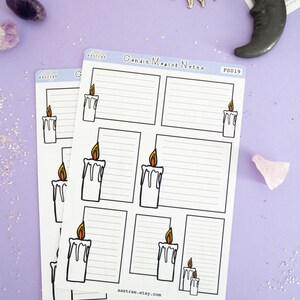 May include: A set of six candle magic note stickers with a white background and black lines. Each sticker features a candle with a yellow flame and a space for writing notes. The stickers are labeled "Candle Magic Notes" and "PS019".