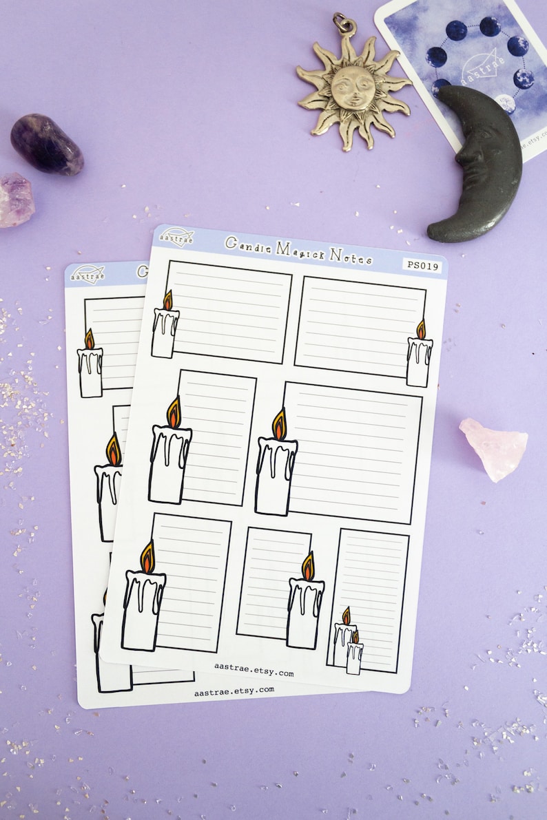 May include: A set of six candle magic note stickers with a white background and black lines. Each sticker features a candle with a yellow flame and a space for writing notes. The stickers are labeled "Candle Magic Notes" and "PS019".