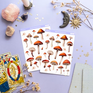 Peut inclure: Deux feuilles d'autocollants illustrant diff&eacute;rents types de champignons. Les autocollants sont blancs avec une bordure bleu clair et le texte "Magical Mushrooms" imprim&eacute; sur chaque feuille.