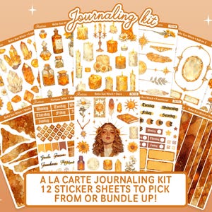 Boho Sun Witch Journaling maandelijkse kit, zonnebloem Cottagecore planner set zonne-heks gouden Bujo Witchy botanische journaling stickers bundel