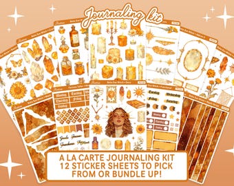 Kit mensual de diario Boho Sun Witch, conjunto de agenda Cottagecore de girasol, bruja solar, bujo dorado, paquete de pegatinas botánicas de bruja para diario
