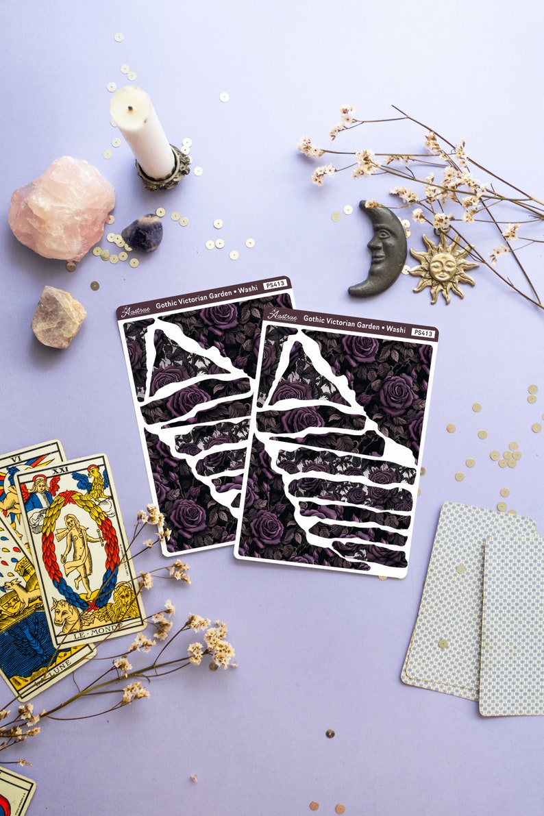 May include: Two sheets of decorative washi tape with a gothic Victorian garden design. The tape features a dark purple and black floral pattern with roses and leaves. The text on the tape reads "Aesthetic Gothic Victorian Garden - Washi PS413".