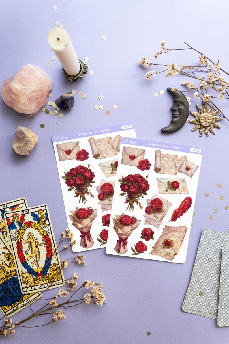 May include: Two sheets of stickers featuring Victorian-style illustrations of red roses, envelopes, and handwritten letters. The stickers are labeled "Victorian Love Letters" and are on a light purple background.