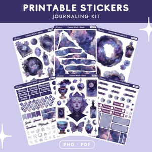 Cosmic Witch Printable Sticker Sheet, Celestial Planner Stickers, Galaxy Bullet Journal Deco Stickers, Fantasy Planner Kit PNG PDF