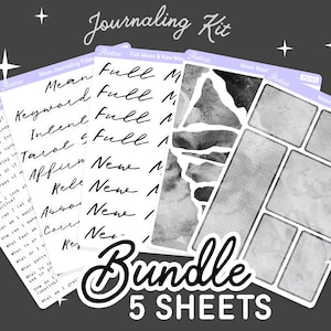 May include: Five sheets of black and white watercolor stickers for journaling. The stickers include moon phases, moon notes, and moon journaling titles. The titles include "Mean", "Keyword", "Intent", "Tarot", "Affirm", "Release", "Assume", "Care", "Rest", "New", and "Full".