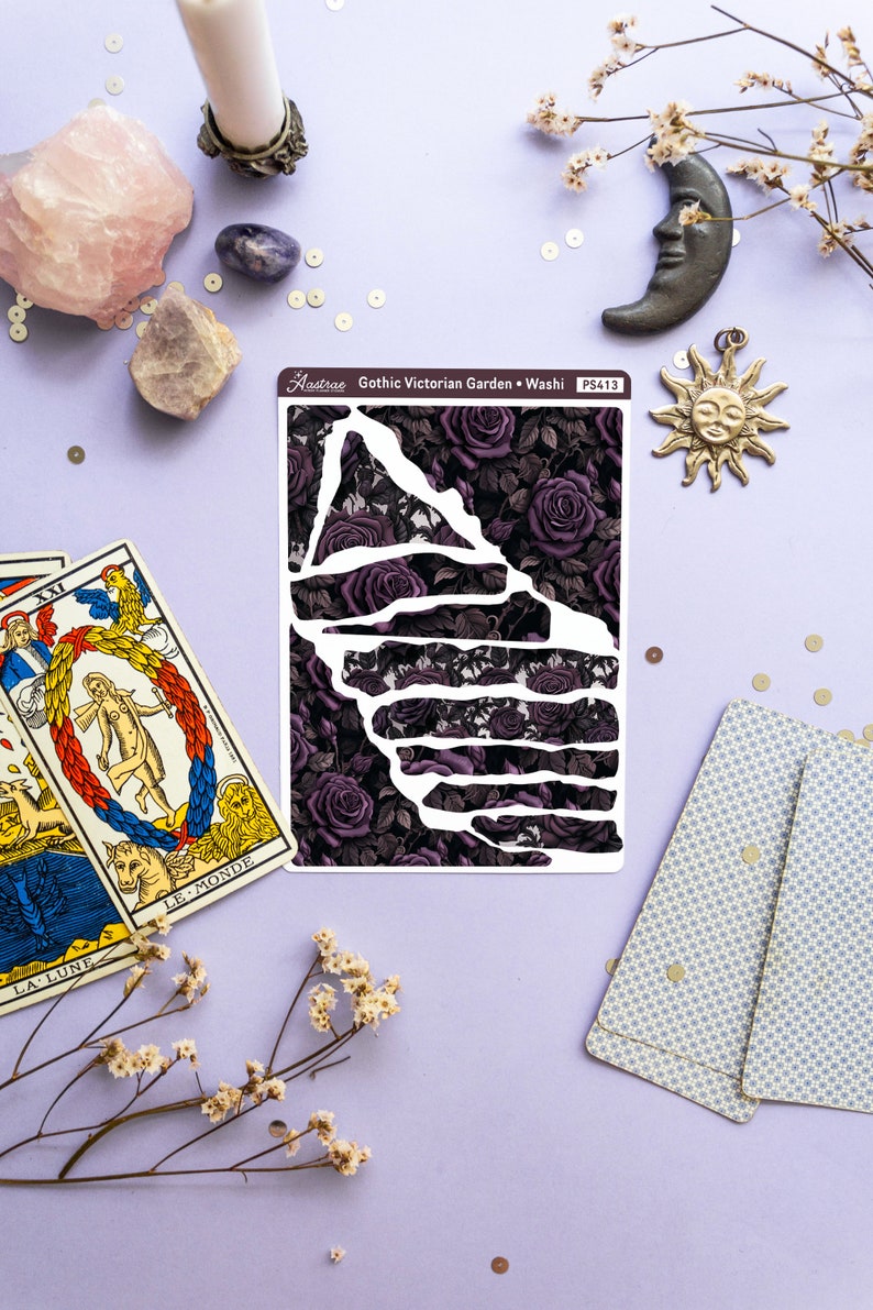 May include: A sheet of decorative washi tape with a gothic Victorian garden design. The tape features a dark purple background with black outlines of roses and leaves. The text "Gothic Victorian Garden - Washi" and "PS413" is printed on the sheet.