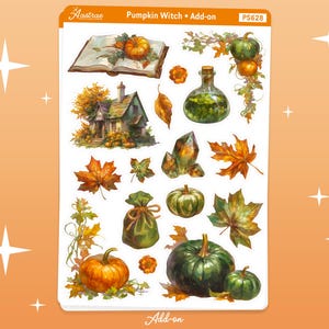 K&ouml;nnte beinhalten: Ein Stickerbogen mit Aquarellillustrationen von K&uuml;rbissen, Herbstbl&auml;ttern, einer Flaschenpotion, einem Cottage und Kristallen. Der Text "Pumpkin Witch + Add-on" steht oben. Das Wort "Add-on" steht unten.