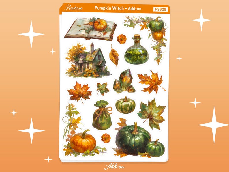 K&ouml;nnte beinhalten: Ein Stickerbogen mit Aquarellillustrationen von K&uuml;rbissen, Herbstbl&auml;ttern, einer Flaschenpotion, einem Cottage und Kristallen. Der Text "Pumpkin Witch + Add-on" steht oben. Das Wort "Add-on" steht unten.