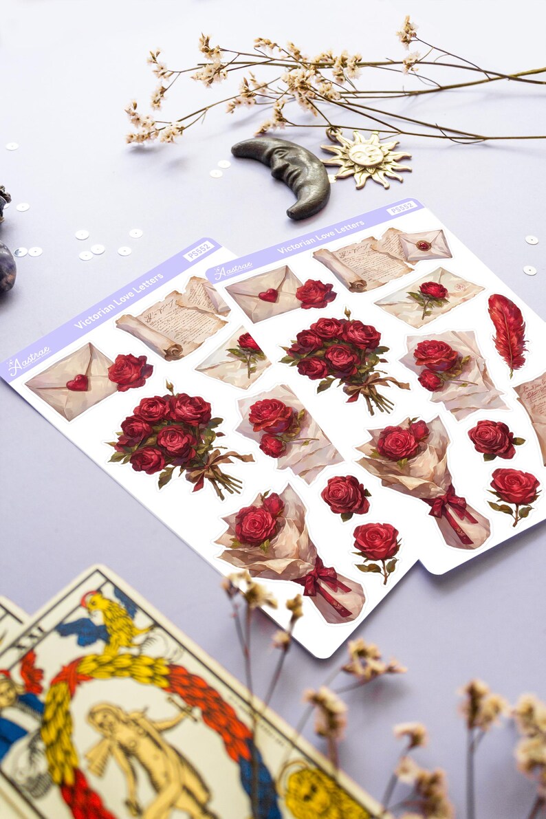 May include: A sheet of stickers featuring Victorian-themed love letters and bouquets of red roses. The stickers are printed on clear, glossy paper and are perfect for adding a touch of vintage romance to your planner, journal, or scrapbook.
