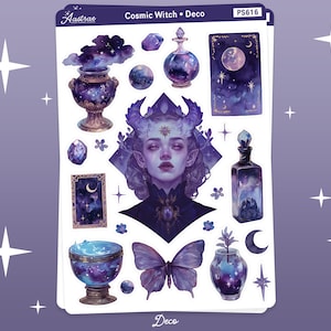 May include: A set of 12 cosmic witch themed stickers featuring a purple and blue colour scheme. The stickers include a witch with horns, a potion bottle, a butterfly, a cauldron, and a crescent moon. The stickers are perfect for adding a touch of magic to your planner, journal, or laptop.