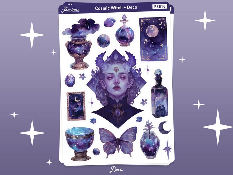 May include: A set of 12 cosmic witch themed stickers featuring a purple and blue colour scheme. The stickers include a witch with horns, a potion bottle, a butterfly, a cauldron, and a crescent moon. The stickers are perfect for adding a touch of magic to your planner, journal, or laptop.