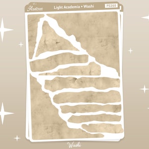 May include: A stack of washi paper stickers with a light academia theme. The stickers have a beige wood grain design with irregular white shapes. The top sticker has the text "Light Academia &bull; Washi" and the product code "PS268".