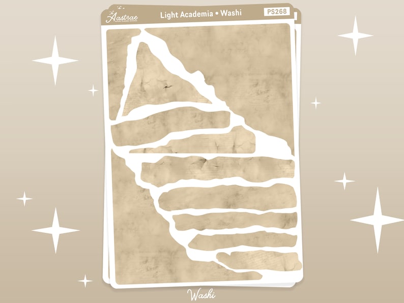 May include: A stack of washi paper stickers with a light academia theme. The stickers have a beige wood grain design with irregular white shapes. The top sticker has the text "Light Academia &bull; Washi" and the product code "PS268".