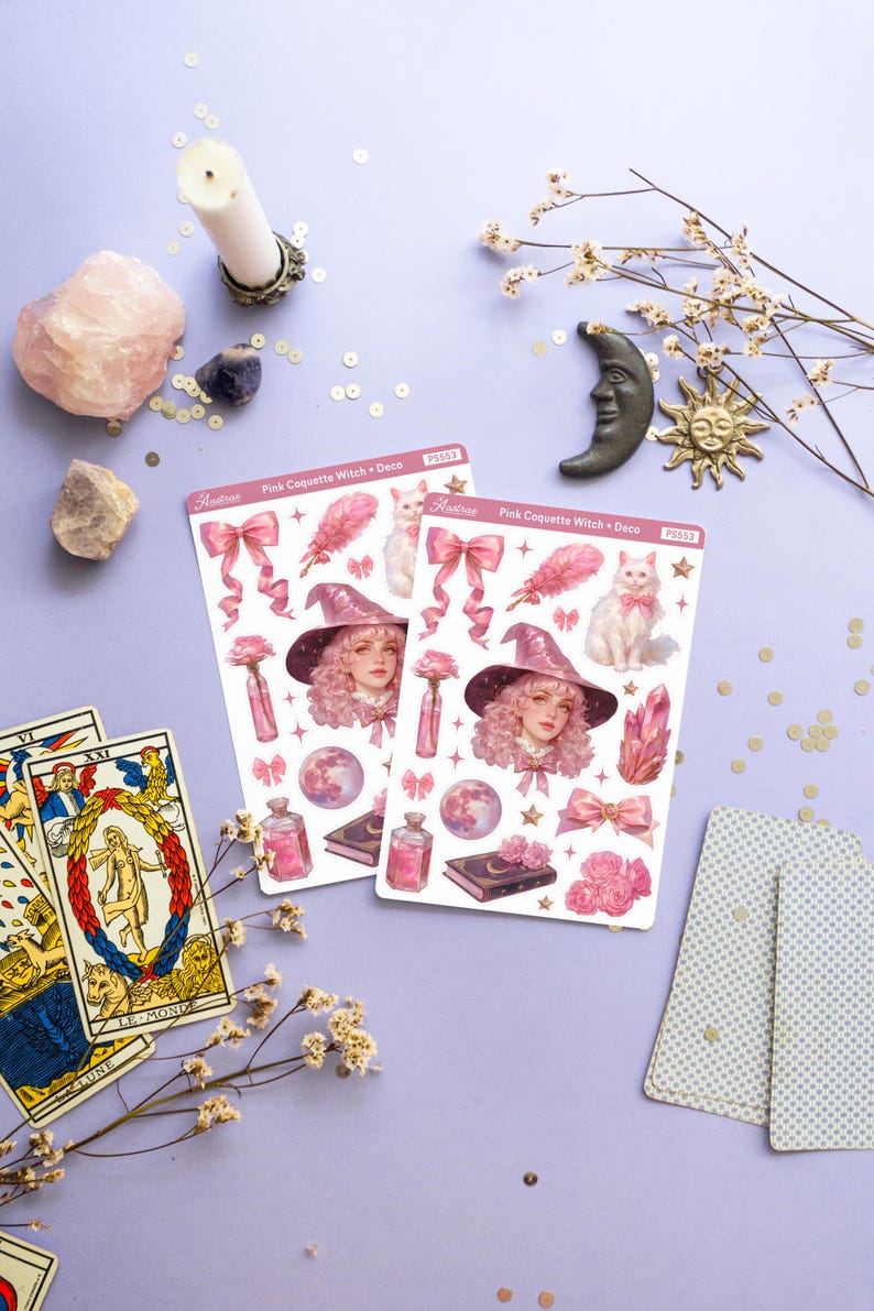 May include: Two sheets of pink and white stickers featuring a pink-haired witch with a cat, a moon, stars, a book, a bottle, and a pink bow. The sticker sheets are labeled "Pink Coquette Witch + Deco" and "PS553".