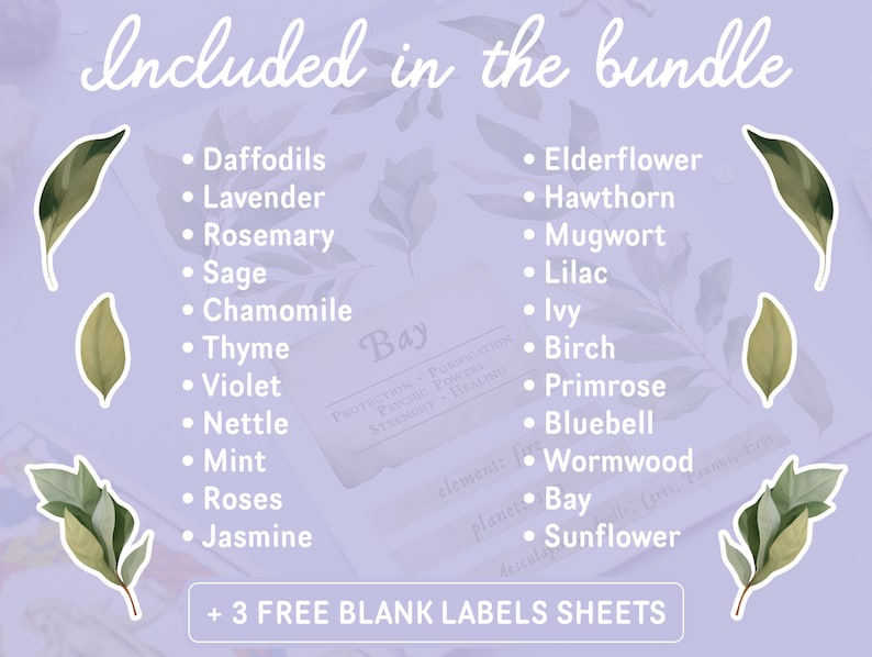 May include: A purple background with a list of herbs and flowers, including Daffodils, Lavender, Rosemary, Sage, Chamomile, Thyme, Violet, Nettle, Mint, Roses, Jasmine, Elderflower, Hawthorn, Mugwort, Lilac, Ivy, Birch, Primrose, Bluebell, Wormwood, Bay, and Sunflower. The text "Included in the bundle" and "+ 3 FREE BLANK LABELS SHEETS" are also included.