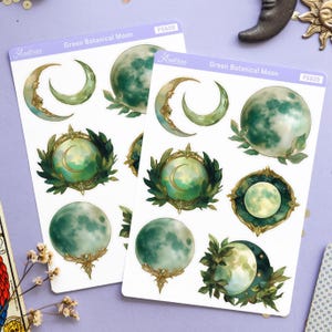 Botanische maanstickers, fantasie celestial stickervel, heksachtige bloemenmaan esthetiek, wassende maan kunst, hekserij decoratie dagboek