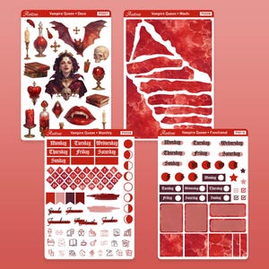 May include: A set of printable planner stickers with a vampire queen theme. The stickers include a variety of designs, including a vampire queen, a bat, a cross, a chalice, and a skull. The stickers are in red, black, and white.