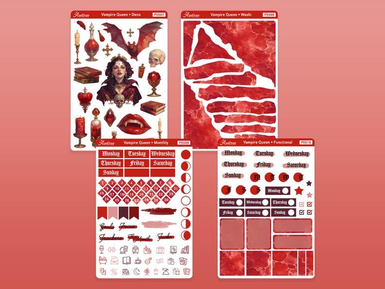 May include: A set of printable planner stickers with a vampire queen theme. The stickers include a variety of designs, including a vampire queen, a bat, a cross, a chalice, and a skull. The stickers are in red, black, and white.