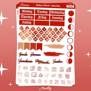 Op de afbeelding: Een set bedrukbare planner stickers met een rood, oranje en wit kleurenschema. De stickers bevatten een kalenderrooster, dagen van de week, maanfasen en verschillende pictogrammen, waaronder een ketel, een boek, een koffiekopje en een wijnglas. De tekst "Mabon Witch Monthly" staat bovenaan het vel gedrukt.