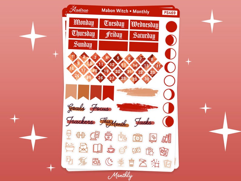 Op de afbeelding: Een set bedrukbare planner stickers met een rood, oranje en wit kleurenschema. De stickers bevatten een kalenderrooster, dagen van de week, maanfasen en verschillende pictogrammen, waaronder een ketel, een boek, een koffiekopje en een wijnglas. De tekst "Mabon Witch Monthly" staat bovenaan het vel gedrukt.