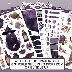 K&ouml;nnte beinhalten: Ein Set aus sechs Stickerb&ouml;gen mit einer Hexe, Zaubertrankflaschen und anderen magischen Elementen. Die Stickerb&ouml;gen sind zum Journaling gedacht und haben ein lila-schwarzes Farbschema. Der Text auf den Stickerb&ouml;gen lautet "Poison Witch Deco", "Journaling Kit", "A La Carte Journaling Kit", "6 Sticker Sheets to Pick From or Bundle Up!" und "Add-on 2".