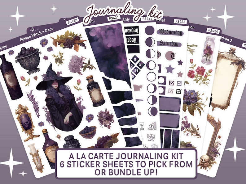 K&ouml;nnte beinhalten: Ein Set aus sechs Stickerb&ouml;gen mit einer Hexe, Zaubertrankflaschen und anderen magischen Elementen. Die Stickerb&ouml;gen sind zum Journaling gedacht und haben ein lila-schwarzes Farbschema. Der Text auf den Stickerb&ouml;gen lautet "Poison Witch Deco", "Journaling Kit", "A La Carte Journaling Kit", "6 Sticker Sheets to Pick From or Bundle Up!" und "Add-on 2".