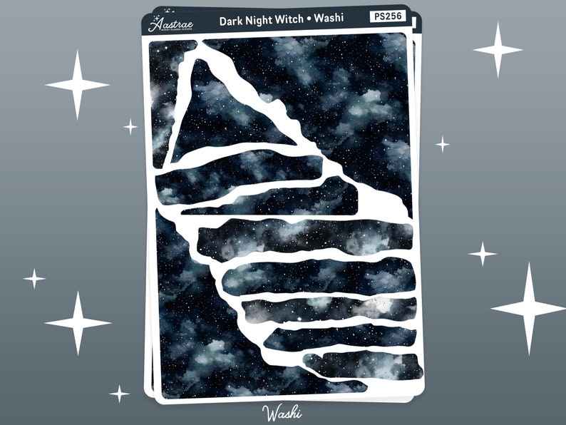 May include: A sheet of washi tape featuring a dark blue and black galaxy design. The tape is cut into irregular shapes, creating a unique and whimsical look. The text "Dark Night Witch" and "Washi" is printed on the sheet.