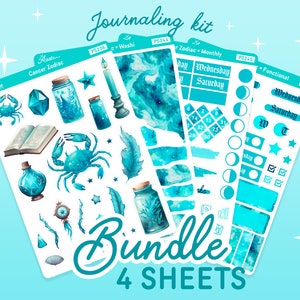 Zodiac Cancer Journaling Kit, Astrology Cancer Stickers for Planner, Astro Cancer Planner Stickers, Light Cyan Blue Journal Bujo Stickers