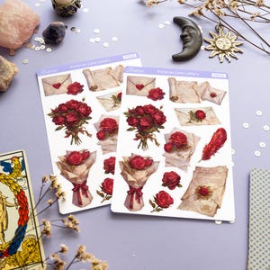May include: Two sheets of stickers featuring Victorian-style illustrations of red roses, envelopes, and handwritten letters. The stickers are labeled "Victorian Love Letters" and are on a purple background.