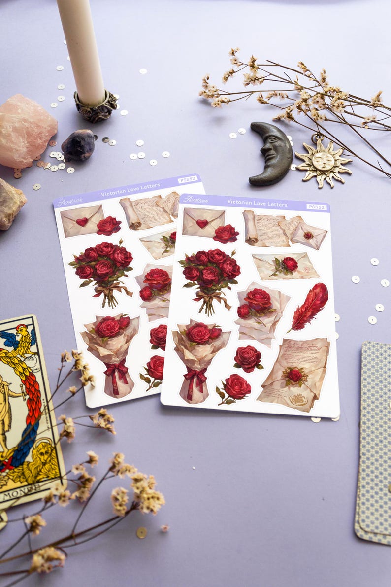 May include: Two sheets of stickers featuring Victorian-style illustrations of red roses, envelopes, and handwritten letters. The stickers are labeled "Victorian Love Letters" and are on a purple background.