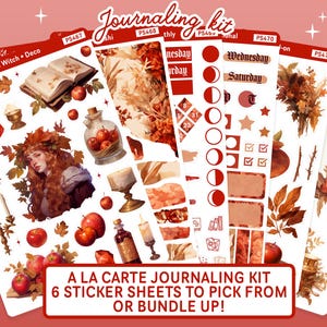 May include: A set of six sticker sheets with a fall theme. The stickers feature illustrations of a witch, a book, a potion bottle, candles, leaves, and a frame. The text on the sticker sheets reads "Mabon Witch Deco", "Journaling Kit", "thly", "tional", "Wednesday", "Saturday", "Id-on 2", and "A La Carte Journaling Kit 6 Sticker Sheets to Pick From or Bundle Up!"