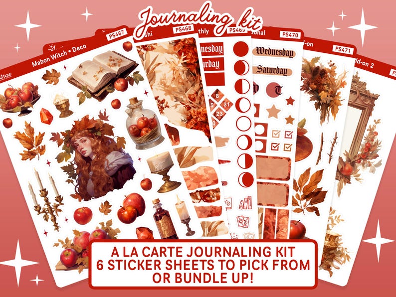 May include: A set of six sticker sheets with a fall theme. The stickers feature illustrations of a witch, a book, a potion bottle, candles, leaves, and a frame. The text on the sticker sheets reads "Mabon Witch Deco", "Journaling Kit", "thly", "tional", "Wednesday", "Saturday", "Id-on 2", and "A La Carte Journaling Kit 6 Sticker Sheets to Pick From or Bundle Up!"