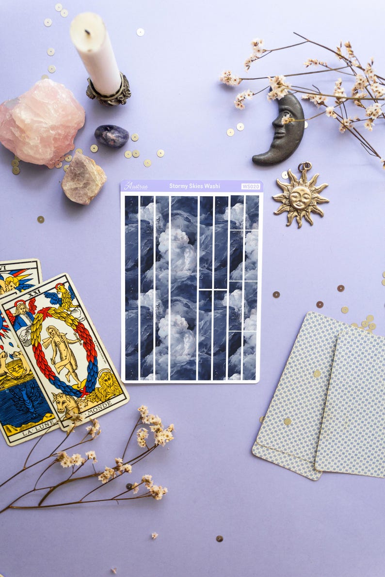 Stormy Skies Washi Tape Sticker Sheet, Silver Blue Washi Strip Stickers