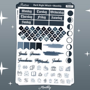 May include: A set of planner stickers with a dark blue and white colour scheme. The stickers feature a monthly calendar, days of the week, moon phases, and various icons including a wine glass, a dumbbell, a book, a coffee cup, and a camera. The text "Dark Night Witch. Monthly" is at the top of the sheet. The text "Goals Focus Trackers This Month Tasks" is at the bottom of the sheet.