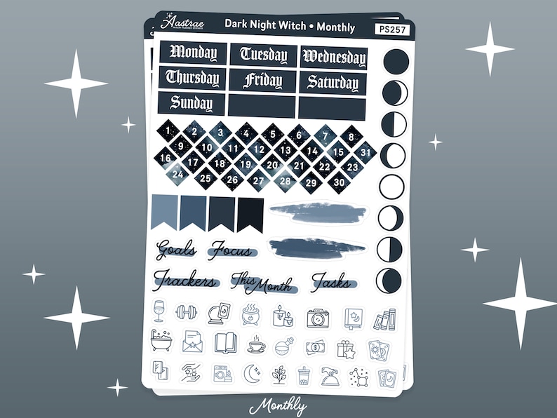 May include: A set of planner stickers with a dark blue and white colour scheme. The stickers feature a monthly calendar, days of the week, moon phases, and various icons including a wine glass, a dumbbell, a book, a coffee cup, and a camera. The text "Dark Night Witch. Monthly" is at the top of the sheet. The text "Goals Focus Trackers This Month Tasks" is at the bottom of the sheet.