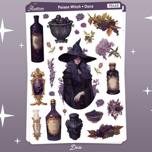 K&ouml;nnte beinhalten: Eine Bogen Sticker mit einer Hexe mit lila Haaren und einem schwarzen Kleid, Tr&auml;nken, Sch&auml;deln und Beeren. Die Sticker sind Teil einer Kollektion namens "Poison Witch - Deco" und haben die Nummer PS420.